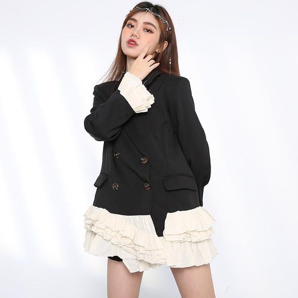 

women's suits & blazers ruffles hem women long double breasted blazer lapel sleeve loose fit jacket fashion spring autumn 2021 1dd02880, White;black