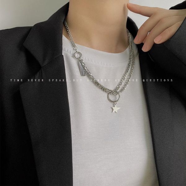 

pendant necklaces tide hip-hop hundred letters titanium steel necklace male fashion niche temperament collarbone chain female, Silver