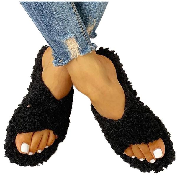 

slippers women girls cute cotton short plush flat casual shoes indoor outdoor home floor sandals #s, Black