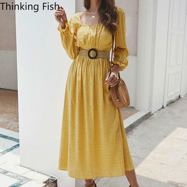 

casual dresses chiffon floral dress maxi elegant women fall square neck straight tunic spend long sleeve party dressl107, Black;gray