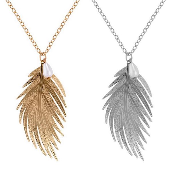 

simple leaf pendant necklace feather necklace long sweater chain statement jewelry leaf for women collier femme collar, Silver