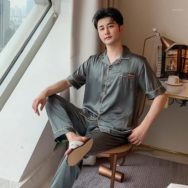 

men's sleepwear autumn pajamas set elastic waist men good quality silk short sleeve print &long pant pijama mujer, Black;brown