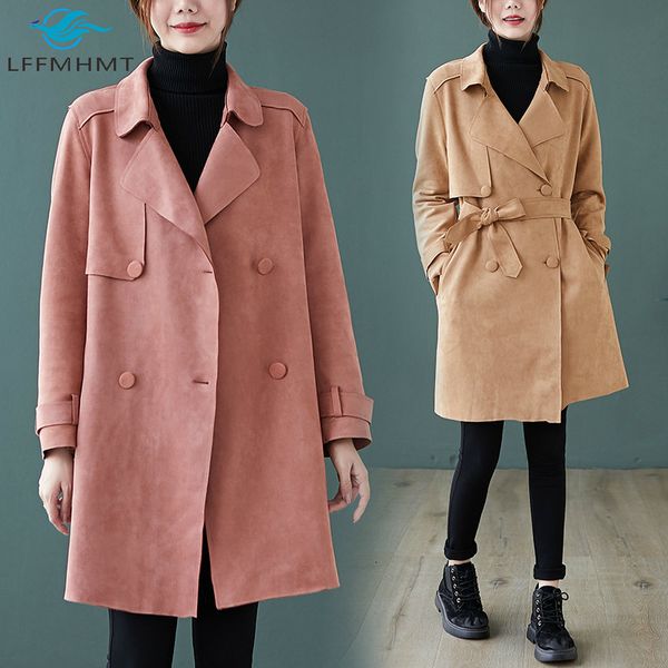 

2021 new women fall fashion solid color long sleeve trench office lady korean style waist belt double breasted coat female chamois jacket iq, Tan;black