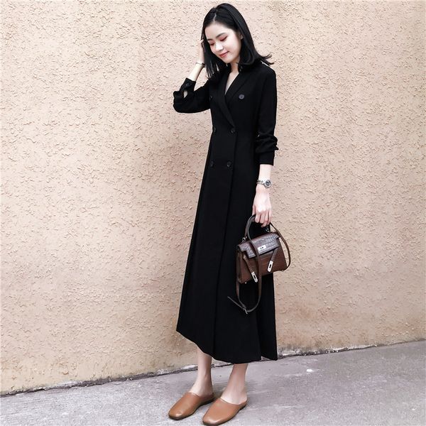 

spring office lady dress new women long sleeve retro double-breasted ol commuter long paragraph over the knee dress vestidos, Black;gray