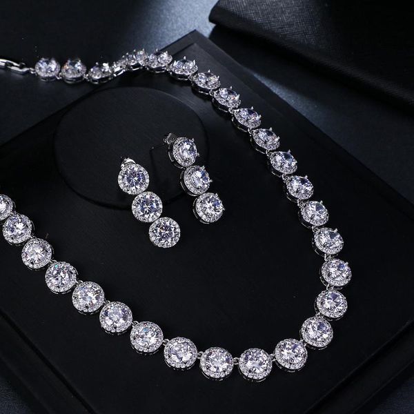 

earrings & necklace dazzling round zirconia flower bridal wedding jewelry sets for lover gift elegant women party dinner dress, Silver
