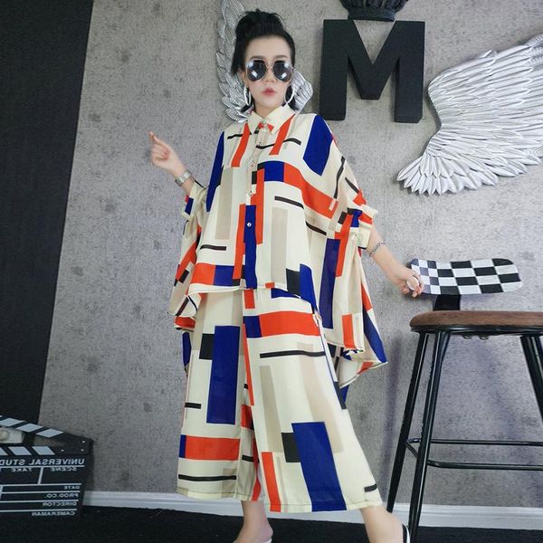 

women's two piece pants 2021 striped set for women lapel collar batwing sleeve asymmetric hit color loose female style, White