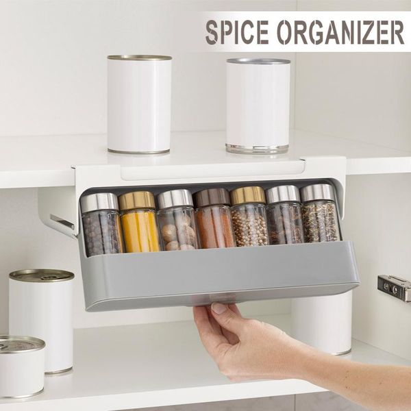 

hooks & rails home kitchen spice bottle rack wall-mounted punch-under-shelf drawer type seasoning organizer supplies storage