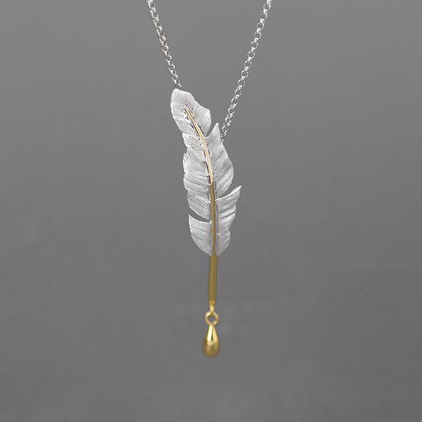 

inature 925 sterling silver fine jewelry vintage feather pendant necklace for women gift q0531