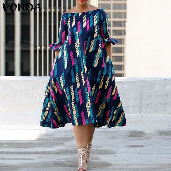 

new women half off shoulder es 2021 bohemian print flare sleeve midi vestido plus size sun 36eq, Black;gray