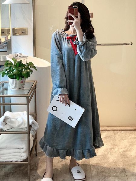 

women's sleepwear nightdress women winter coral nightgown long thick warm korean robe flannel sleeve sleep dress plus size, Black;red