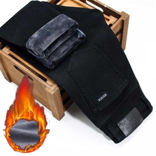 Shan Bao Winter Marca encaixada estiramento em linha reta pura calça jeans preto estilo clássico moda moda fleece grosso quente slim jeans 211206