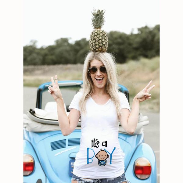 

maternity & tees pregnant anouncement t-shirts cartoon print it's a boy/girl pregnancy plus-size short sleeve t-shirt clothes, White
