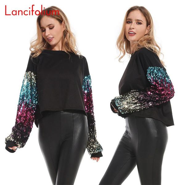 

women's hoodies & sweatshirts black oversized cropped hoodie women harajuku korean sequin colorblock sleeve kpop designer sweatshirt st