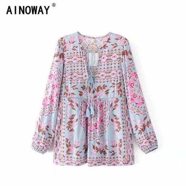 

women's blouses & shirts vintage chic fashion women bohemian floral printed v-neck lace-up boho blouse long sleeve female elegant blusa, White