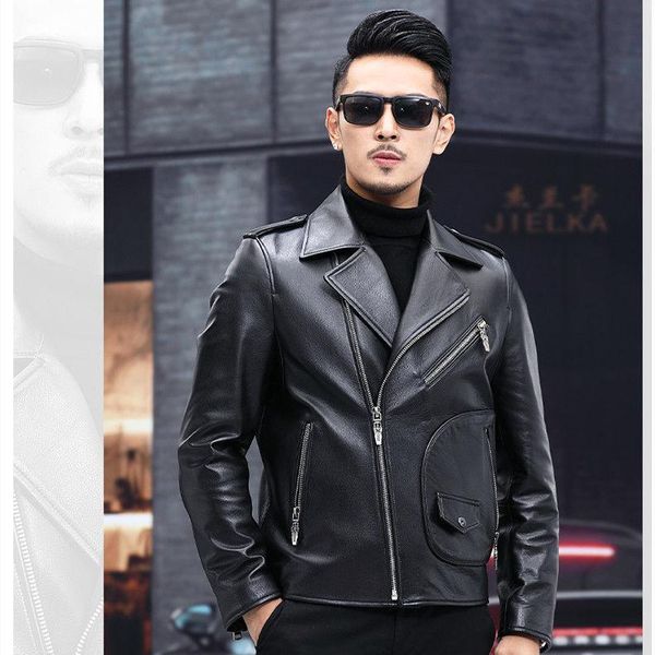 

men's leather & faux 2021 haining autumn genuine coat first layer sheepskin motorcycle jacket short lapel men, Black