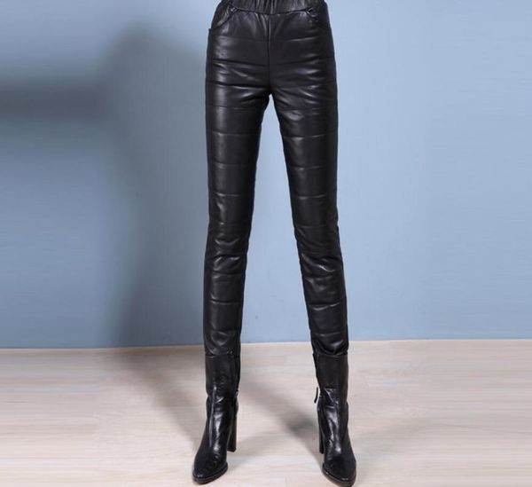 

women's pants & capris winter sheep genuine leather trousers plus velvet thick warm down feet, Black;white