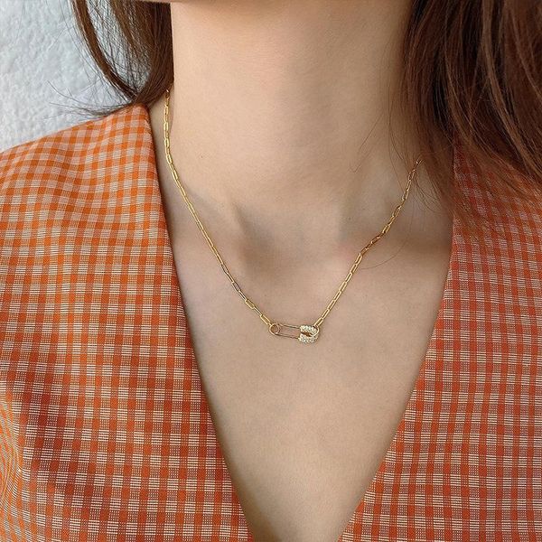 

pendant necklaces origin summer exquisite cubic zircon paper clip necklace for women trendy hollow out metal chunky chain jewelry, Silver