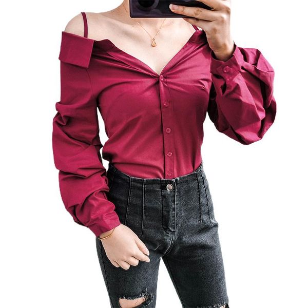 

women spring fashion burgundy buttons blouse shirt ladies elegant casual slim lantern sleeve blusa sj5778e, White