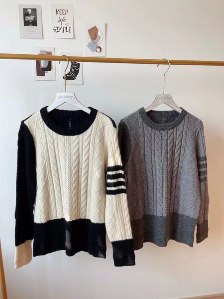

autumn winter 2021 new tb round neck splicing thick needle twist pullover sweater for men and women lovers thickened mf, White;black