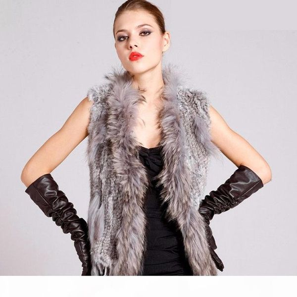 

winter women natural fur vest with raccoon fur collar female casual knitted real clothing new fashion, Black