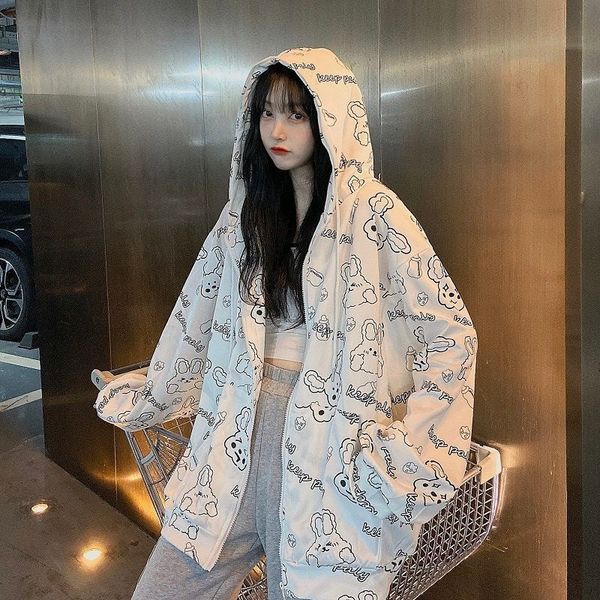 

women's hoodies & sweatshirts autumn and winter rabbit print with female hoodie white-style japanese loose korean jacket fashion more v, Black