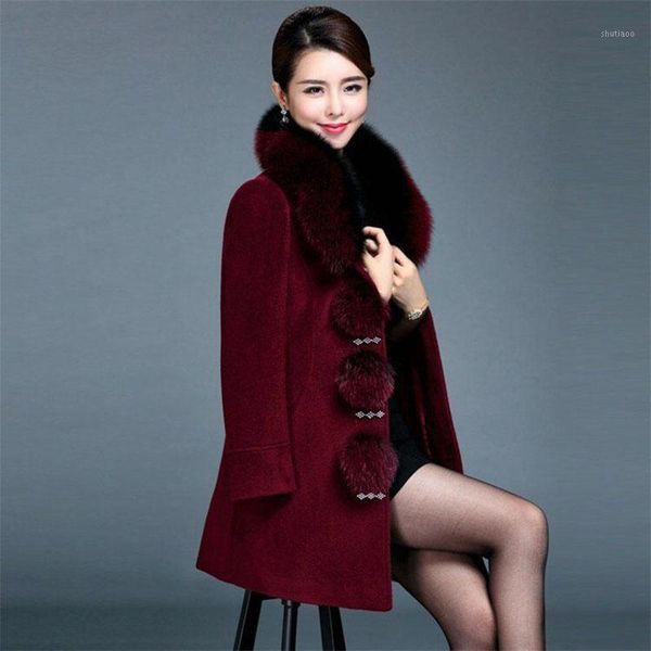 

women's wool & blends elegant women winter clothing thicken woolen jacket female 2021 version of the long solid coat faux fur collar, Black