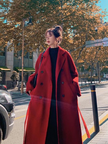 

women's wool & blends red tweed suit coat middle long 2021 winter over knee loose temperament thickened woollen, Black
