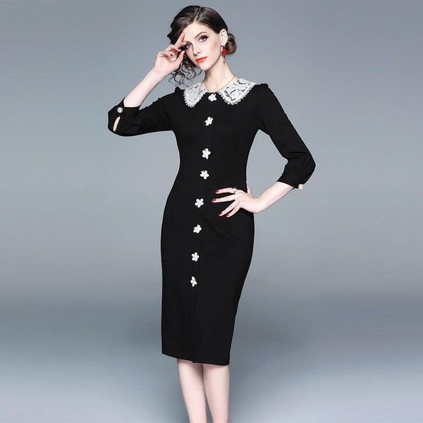 

casual dresses spring fashion women's cropped sleeve dress black lace stitching, Black;gray