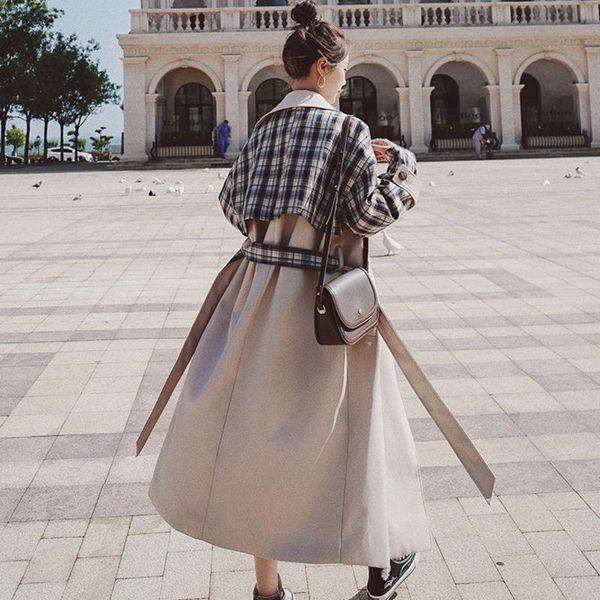 

women's trench coats [ewq] korea chic beige coat autumn 2021 laple loose lace up waist double breasted long sleeve windbreaker, Tan;black