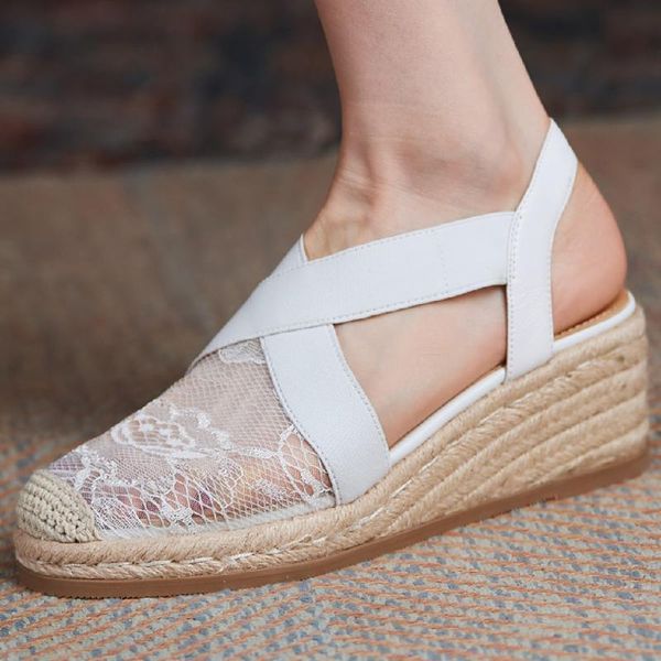 

dress shoes women's genuine leather lace patchworl slip-on wedge med heel sandals round toe summer breathable casual comfortable, Black