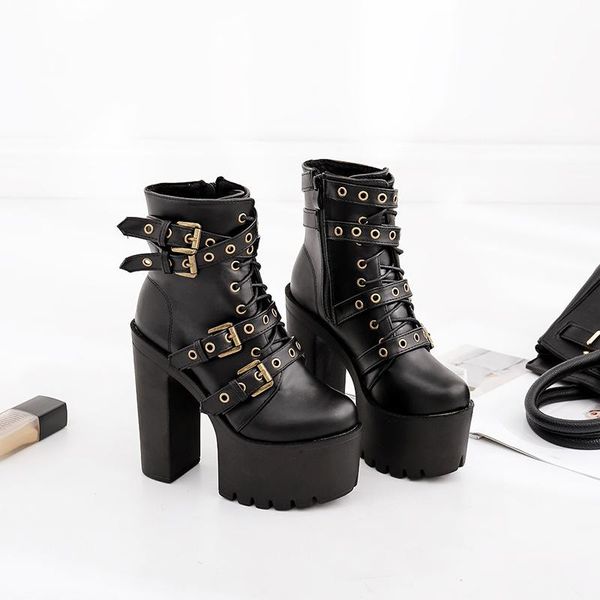 

boots high women's autumn and winter fashion thick bottom heel short, Black