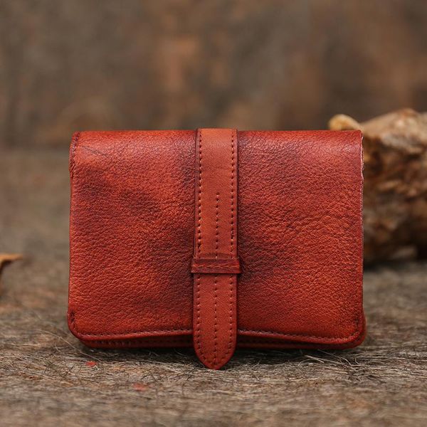 

wallets genuine leather short wallet women folding handmade female mini coin purse card holder retro small, Red;black