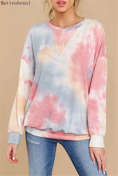 

2021 new autumn womens fashion tie dye hoodies multicolor casual long sleeve o-neck sweatshirt loose hoodie oversize streetwear mfvr, White