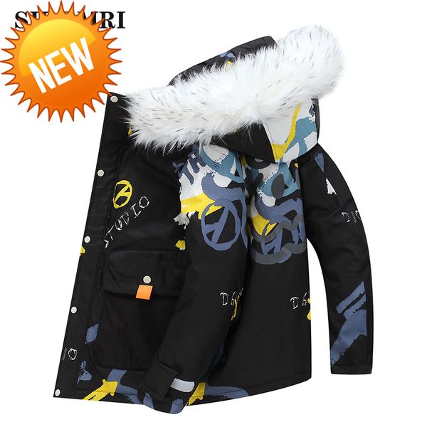 

2021 down jacket men's short winter trend hooded coat couple's new thickened warm snow skiing graffiti brand casual, Black