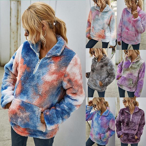 

2021 new women's autumn winter contrast plush hoodie coat lapel long-sleeved pullover tie-dye fake fur clothing zdoy, Black