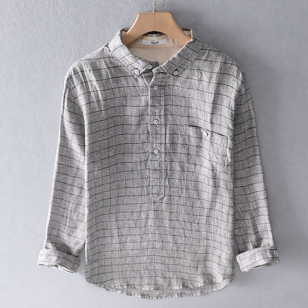 

2021 new spring and summer long-sleeved linen plaid brand shirts for men casual fashion shirt mens chemise camisa lcc8, White;black
