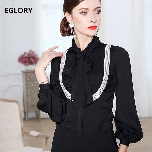 

women's blouses & shirts for women bow collar appliques beading pleated long sleeve white black blouse shirt female elegant blus
