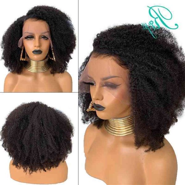 

13x4 afro kinky curly lace front wig mongolian remy 13x6 short human wigs with baby hair bleached knots riya, Black
