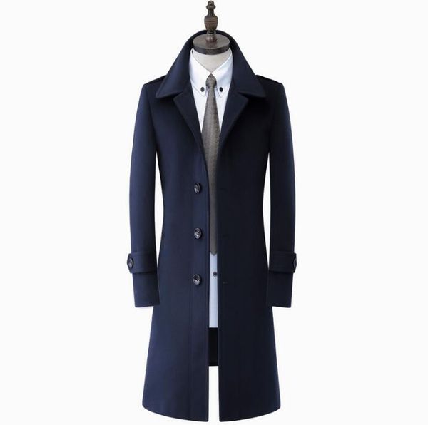 

single-breasted woolen coat men blue trench coats long sleeves casual overcoat mens cashmere coat casaco masculino england, Black