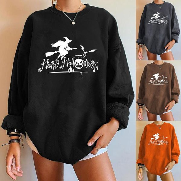 

women's hoodies & sweatshirts women's winter casual round neck solid color halloween print long sleeve retro embroidered sweatshir, Black