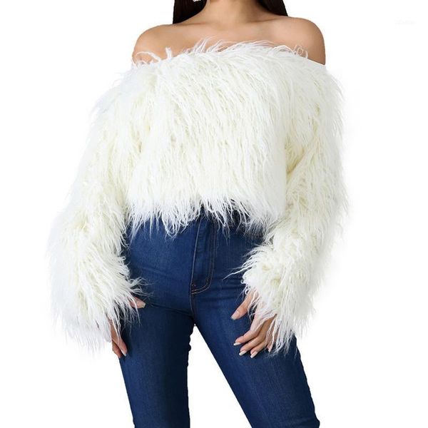 

women winter warm faux fur slash neck pullovers off shoulders long sleeve crop sweater short coat female women's sweaters, White;black