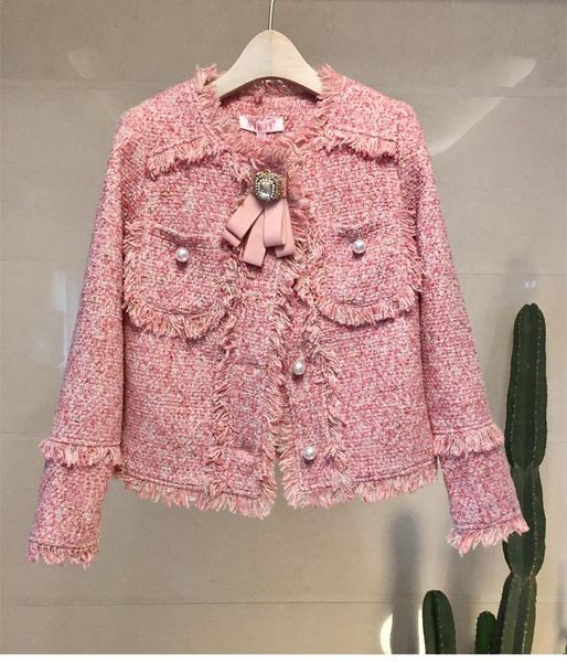 

autumn winter new design fashion women's o-neck pink color beading bow patchwork sweettweed woolen long sleeve coat casacos plus, Black;brown