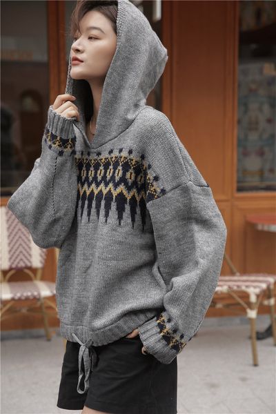 

2021 new grey argyle knitted women hoodie winter pullover fashion vintage loose sweater jumper knitwear msse, White;black