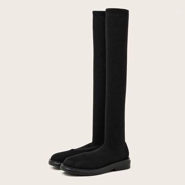 

boots 2022 women's winter cozy stretch fabric over the knee shoes casual flat low heels booties black brown