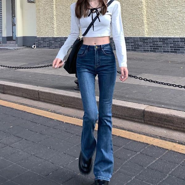 

women's jeans women's women autumn korean version the pants retro slim stretch show thin high waist horn casual straight, Blue