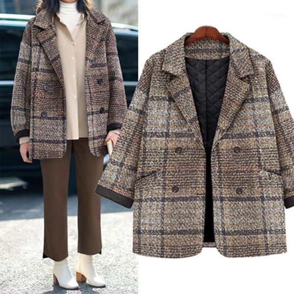 

women's wool & blends 2021 winter woolen women coat casual turn-down collar thickening plus cotton plaid double breasted outerwear, Black