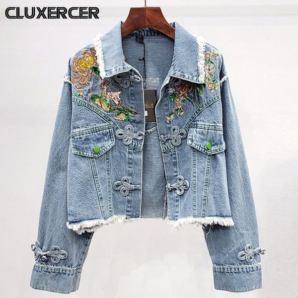 

women's jackets chic embroidery floral denim jacket women casual sequins tassel loose short jeans coat, Black;brown