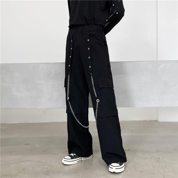 

men's pants men autumn fashion wide leg both metal chain decor big pockets elastic overalls mens loose casual streetwear trousers, Black