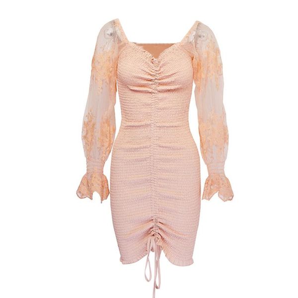 

casual dresses women v-neck dress, embroidery pattern long puff sleeves with drawstring design, s/ / l, Black;gray