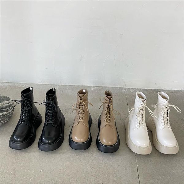 

boots dxfan 2021 brand design chunky platform motorcycle women round toe lace up cross-tied shoes, Black